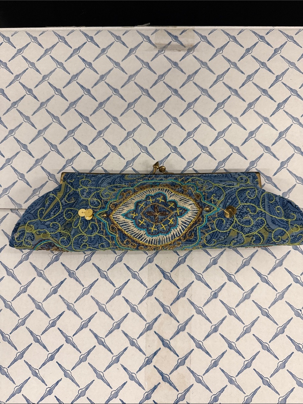 Hand-Embroidered Blue Evening Clutch with Gold Frame
